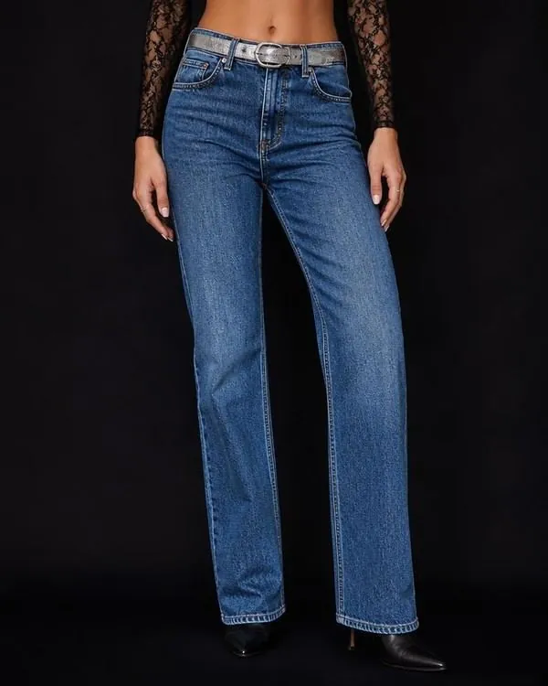 High-rise straight-leg jeans with a silver belt